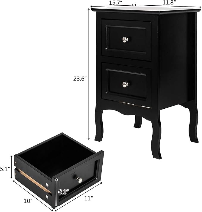 Bonnlo Black Nightstand with 2 Drawers, Night Stands for Bedrooms, Small Bed Side Table/White Night Stand with Drawers for Small Spaces, College Dorm, Kids’ Room, Living Room, French, 16W x 12D x 24H