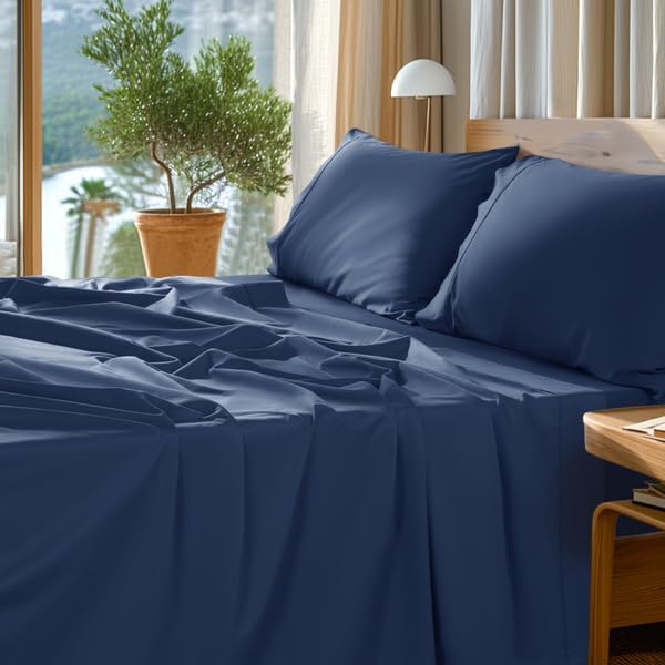 SONORO KATE 1000 Series 100% Egyptian Cotton Queen Sheet Set,4 Pieces | Soft,Breathable Long Staple,Sateen Weave,Luxury 5-Star Hotel Bed Sheets,16" Deep Pocket,Navy Blue