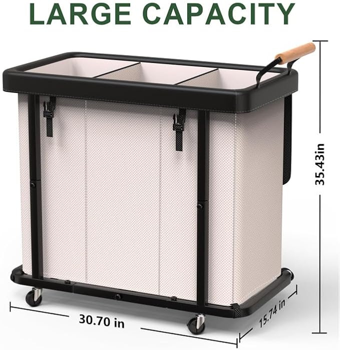 Laundry Hamper 3 Section,230L Rolling Dirty Clothes Hamper White | Laundry Basket with Wheels & Lid,Laundry Organizer Storage Cart with Metal Frame and Wooden Handle for Laundry Room, Hotel