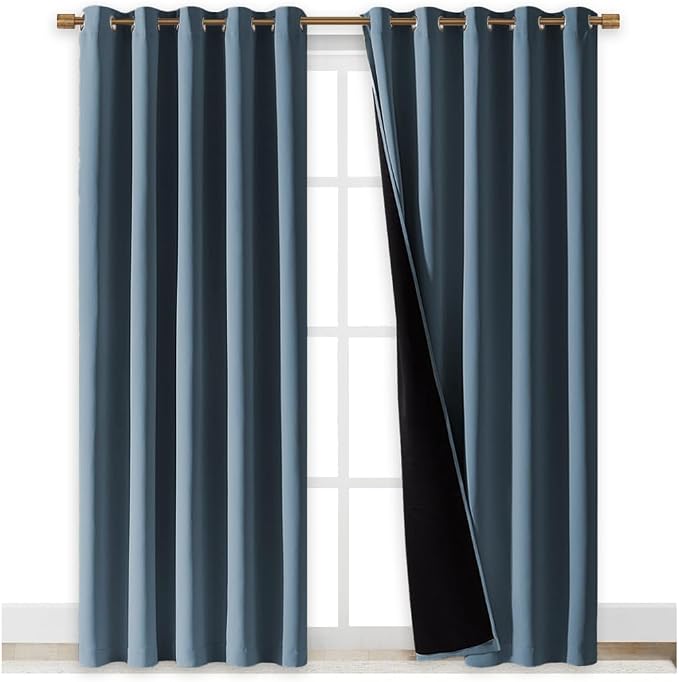 NICETOWN 100% Blackout Window Curtain Panels, Smoky Blue, 2 PCs, 62" Wide Each Panel, Cold and Full Light Blocking Drapes with Black Liner for Nursery, 84" Drop Thermal Insulated Draperies