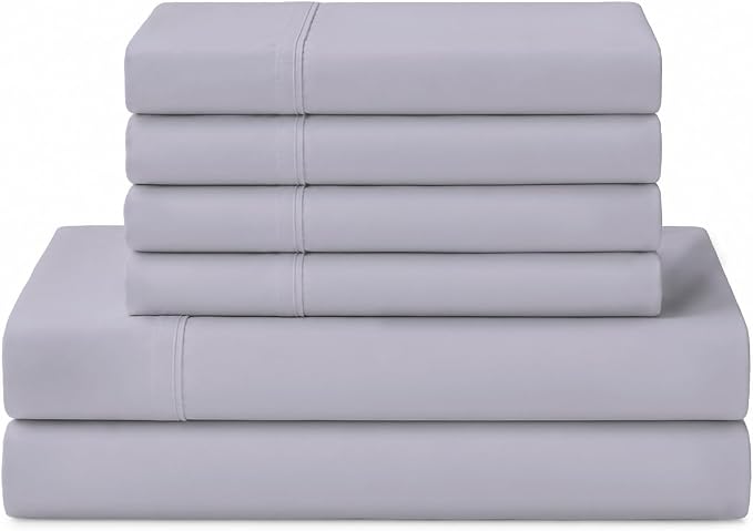 Linen Home 100% Cotton Percale Sheets Queen Size, Prelude Purple, Deep Pocket, 6 Pieces Set- 1 Flat, 1 Fitted and 4 Pillowcases, Crisp Cool and Long Staple Strong Bed Linen