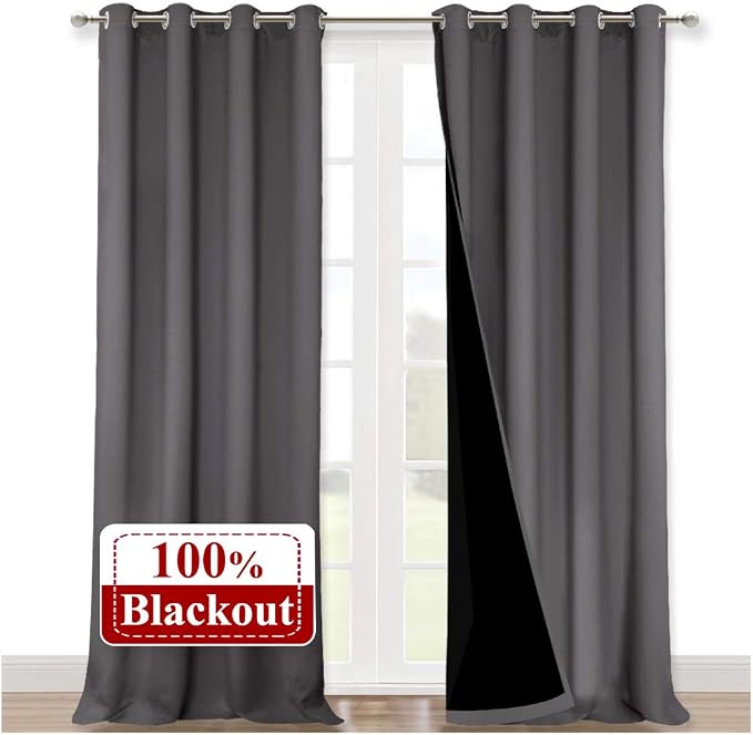 NICETOWN 100% Blackout Blinds, Set of 2, 52 inches x 120 inches, Laundry Room Decor Window Treatment Curtains for Large Patio Sliding Door, Thermal Insulated Grey Curtains for Bedroom