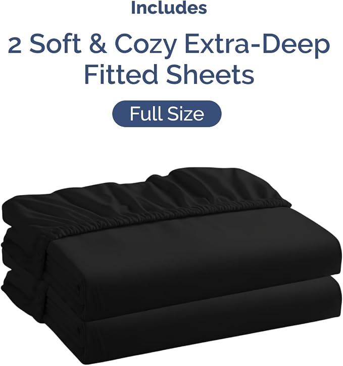 2 Pack Extra Deep Full Fitted Sheets with Extra Deep Pockets - Black | Hotel Luxury Bottom Fitted Sheets Only, Soft, Fade & Wrinkle Free, Breathable & Comfy, All Around Elastic Fitted Sheets