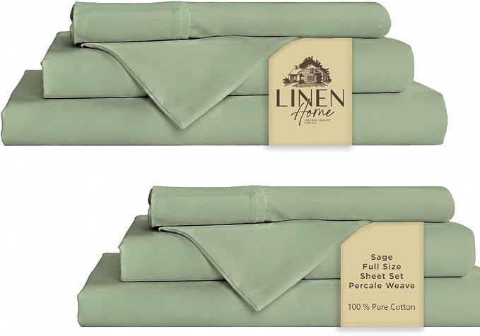 Linen Home 2-Pack Full Sheet Set, 100% Cotton Percale Bedding, 8-Piece Value Bundle, Deep Pocket Cooling Bed Sheets for Hot Sleepers, Breathable & Crisp Hotel Quality, Long-Staple Cotton, Sage