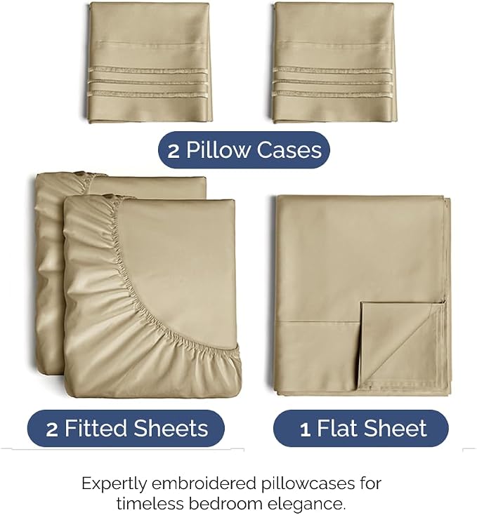 Split King Size 5 Piece Sheet Set - Breathable & Cooling Sheets - Beige | Hotel Luxury Bed Sheets for Women & Men, Deep Pockets, Easy-Fit, Comfy, Soft and Wrinkle Free Sheets, Oeko-Tex Bed Sheet Set