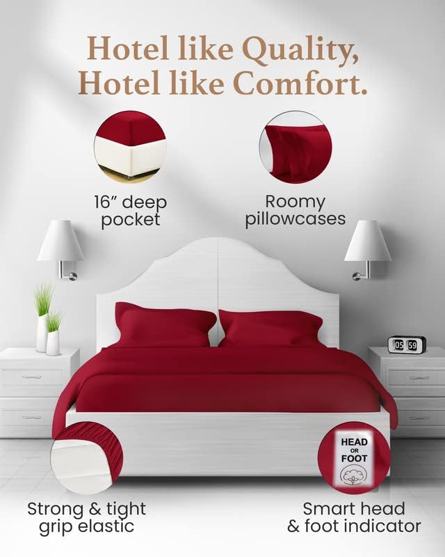 Good Sleep Bedding Split King Sheets Sets for Adjustable Bed, 5 Piece, 100% Egyptian Cotton Bed Sheets for Adjustable Bed, Sateen Weave, 16 Inch Deep Pocket Bed Sheet - Burgundy