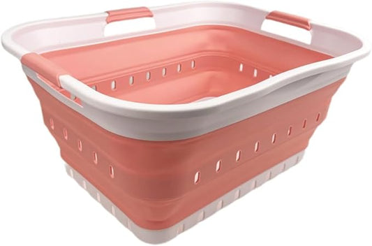SAMMART 42L (11 gallon) Collapsible Plastic Laundry Basket - Foldable Pop Up Storage Container/Organizer - Space Saving Hamper/Basket (1, White/Quartz Pink)