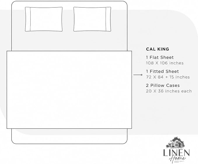 Linen Home 100% Cotton Percale Sheets California King Size, Prelude Purple, Deep Pocket, 4 Pieces Set- 1 Flat, 1 Fitted and 2 Pillowcases, Crisp Cool and Long Staple Strong Bed Linen