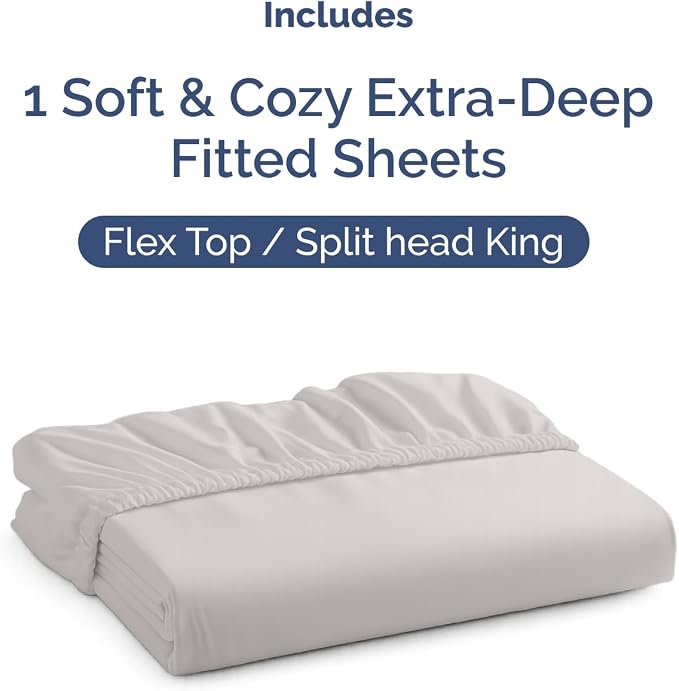 Extra Deep Flex Top Split Head King Fitted Sheet - Hotel Luxury Single Fitted Sheet Only - Easily Fits 18 inch to 24 inch Mattress - Ultra Soft, Wrinkle Free w/Extra Deep Pockets - French Grey