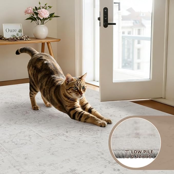 10x14 Area Rugs Living Room: Bedroom Washable Carpet Neutral Cream | Large Vintage Boho Indoor Decor Carpets Soft Nursery Farmhouse Dining Room Office Floor Non-Slip Low Pile Under Table Rug