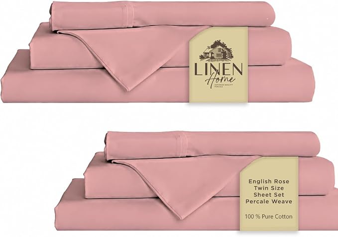 Linen Home 100% Cotton Percale Sheets Twin Size Pack of 2, English Rose, Deep Pocket, 6 Pieces Set- 2 Flat, 2 Fitted and 2 Pillowcases, Crisp Cool and Long Staple Strong Bed Linen