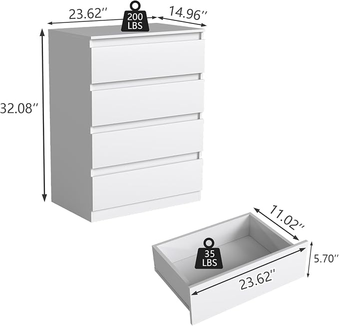 Vibe & Dine 4 Drawer Dresser, Modern Chest of Drawers Without Handle, Wooden Tall Nightstand for Bedroom, White