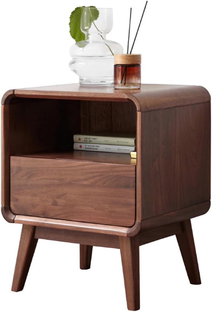 100% Solid Walnut Nightstand with Drawer, Mid-Century Nightstand with Open Storage, Wood Bedside Table for Bedroom,(19.68" H)