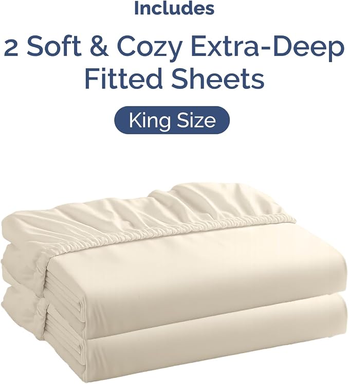 2 Pack Extra Deep King Fitted Sheets with Extra Deep Pockets - Off White | Hotel Luxury Bottom Fitted Sheets Only, Soft, Fade & Wrinkle Free, Breathable & Comfy, All Around Elastic Fitted Sheets