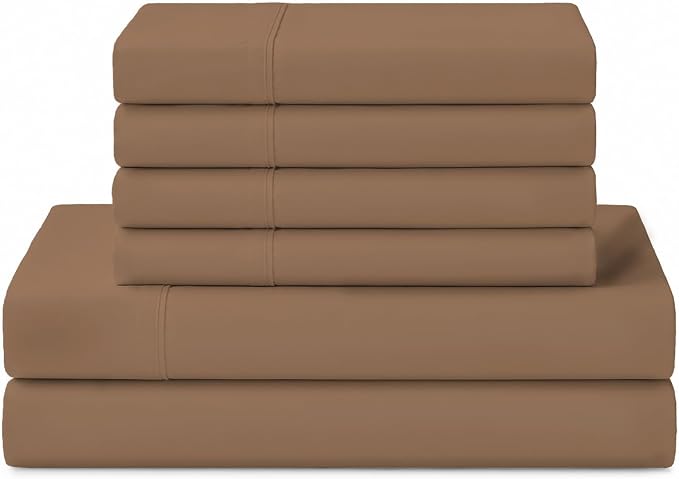 Linen Home 100% Cotton Percale Sheets California King Size, Earthy Brown, Deep Pocket, 6 Pieces Set- 1 Flat, 1 Fitted and 4 Pillowcases, Crisp Cool and Long Staple Strong Bed Linen