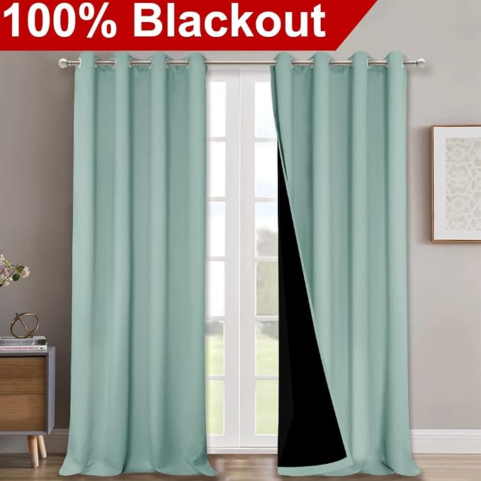NICETOWN Aqua Blue 100% Blackout Curtain Set, Thermal Insulated & Energy Efficiency Window Draperies for Guest Room, Full Shading Panels for Shift Worker and Light Sleepers, 52W x 102L, 2 PCs