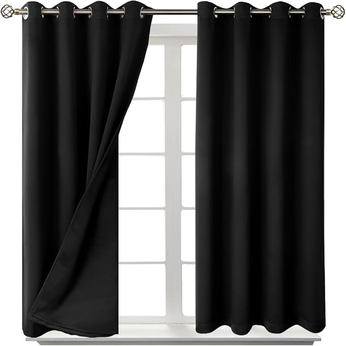 BGment Short 100% Blackout Curtains for Bedroom, Thermal Insulated Energy Efficiency Noise Reducing Grommet Curtains 54 Inch Length with Liner for Small Window 2 Panels Each 52 Inch Wide, Black