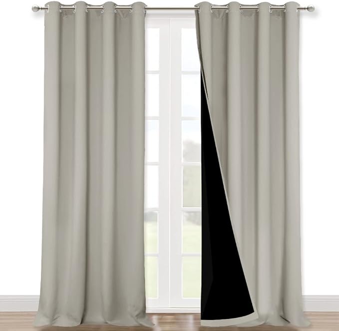 NICETOWN Natural Blackout Curtains for Bedroom 52" w x 102" L 2 Panels | Super Heavy-Duty Black Lined Total Darkness Drapes for Patio Living Room, Noise Reducing Privacy Assured Window Treatment