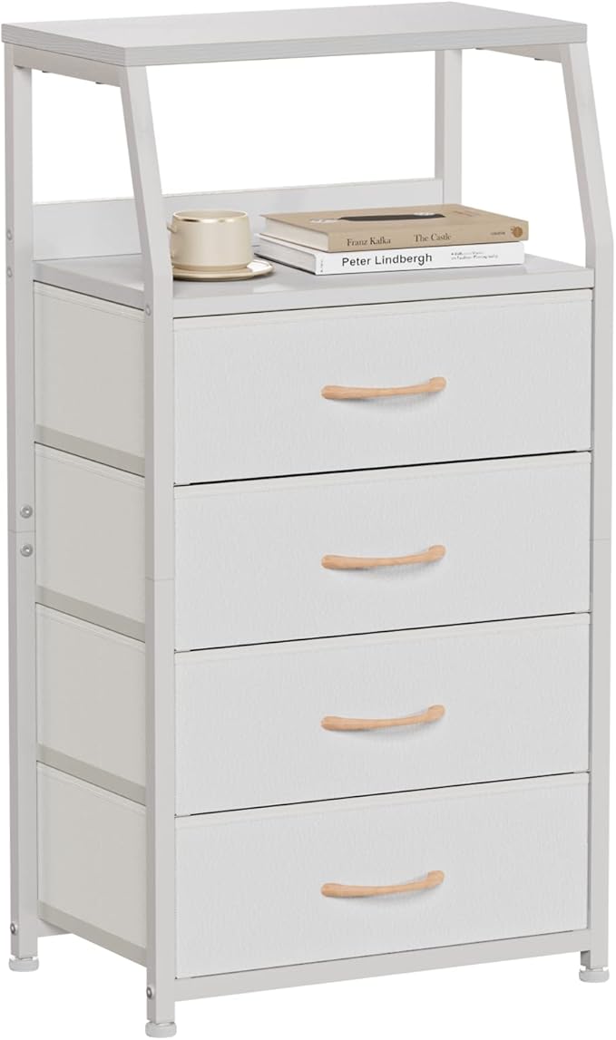 Furnulem Tall Nightstand with 4 Fabric Drawers, Small Dresser for Bedroom | White Dorm Bedside Table , Dresser for Closet, Storage Drawer for Living Room, Entryway, Furniture, Metal Frame, Wood Top