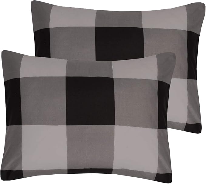7 Piece Comforter Set Bag Solid Color All Season Soft Down Alternative Blanket & Luxurious Microfiber Bed Sheets, Full, Buffalo Plaid Black/Gray