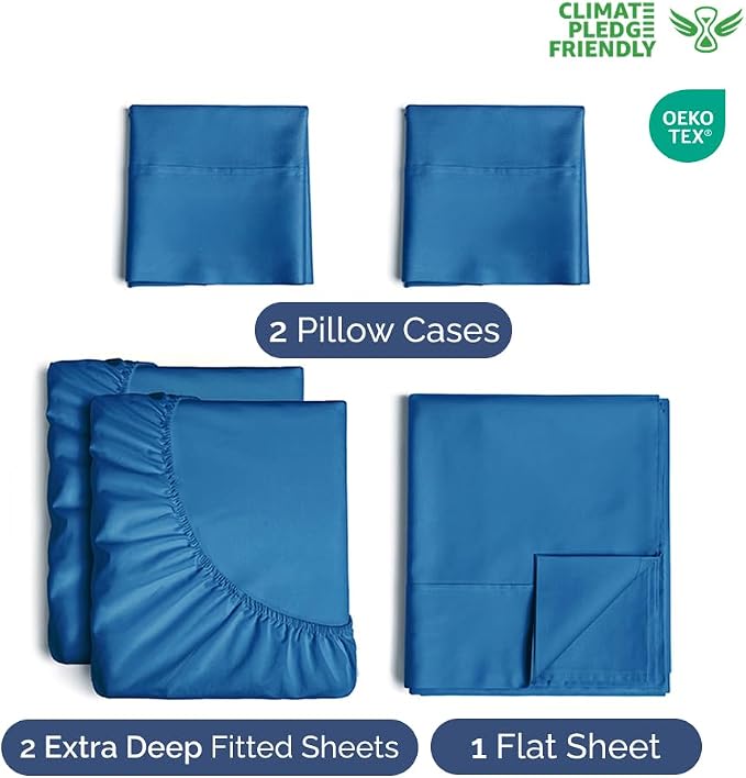 Extra Deep Split King Sheet Set - 5 Piece Breathable Cooling - Royal Blue | Easily Fits 18 to 24 inch Mattress - Ultra Soft, Wrinkle & Fade Free with Extra Deep Pockets - Comfy Hotel Luxury Bedding