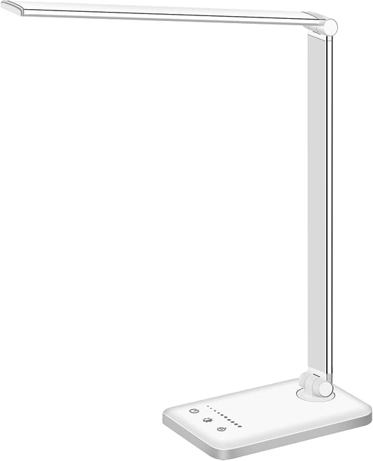 White crown LED Desk Lamp Dimmable Table Lamp Reading Lamp with USB Charging Port, 5 Lighting Modes, Sensitive Control, 30/60 Minutes Timer (White, First-Generation)