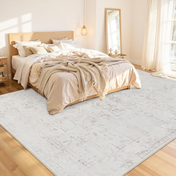 10x14 Area Rugs Living Room: Bedroom Washable Carpet Neutral Cream | Large Vintage Boho Indoor Decor Carpets Soft Nursery Farmhouse Dining Room Office Floor Non-Slip Low Pile Under Table Rug