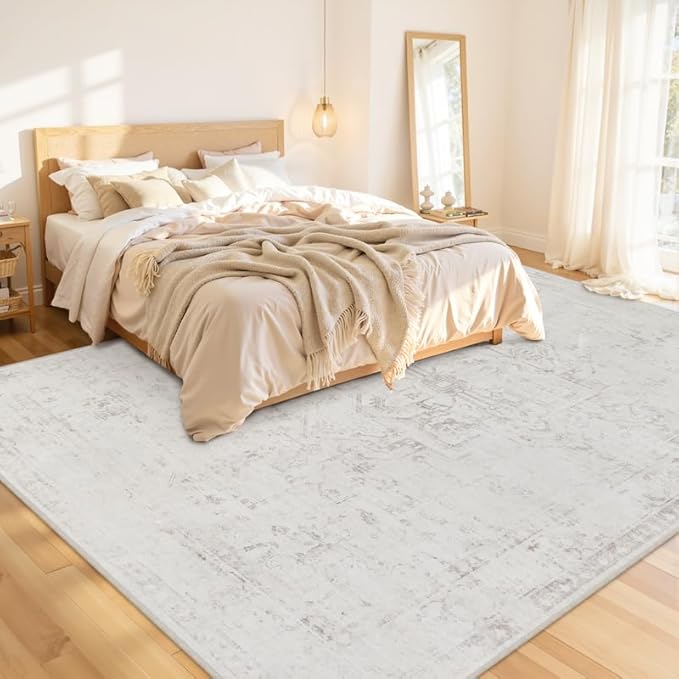 8x10 Area Rugs Living Room: Bedroom Washable Carpet Neutral Cream | Large Vintage Boho Indoor Decor Carpets Soft Nursery Farmhouse Dining Room Office Floor Non-Slip Low Pile Under Table Rug