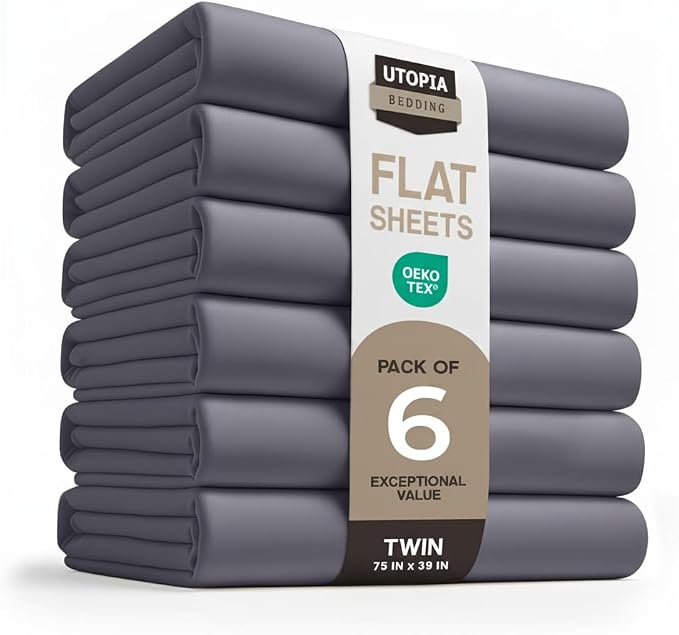 Twin Size Flat Sheet Only Pack of 6, Ultra Soft Hotel Sheets, Grey | Hotel Bedding, Cooling Comfort, Smooth Feel, Wrinkle & Fade Resistant, Easy Care, Long-Lasting, Machine Washable, OEKO-TEX