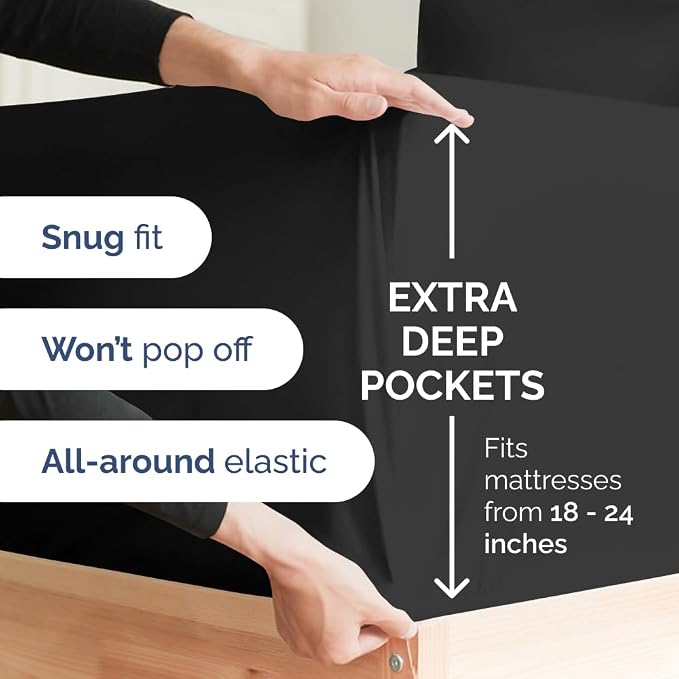 Extra Deep Full Sheet Set - 4 Piece Breathable & Cooling Bed Sheets - Black | Easily Fits 18 to 24 inch Mattress - Ultra Soft, Wrinkle & Fade Free with Extra Deep Pockets - Comfy Hotel Luxury Bedding