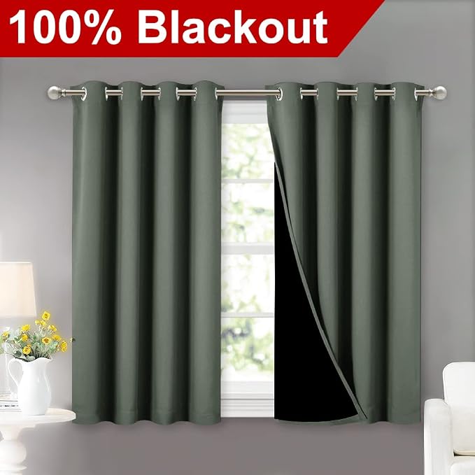 NICETOWN Dark Mallard Blackout Curtains for Kitchen 52" w x 45" L 2 Panels | 100% Room Darkening 2 Thick Layers Completely Light Blocking Thermal Insulated Lined Drapes for Living Room Small Window