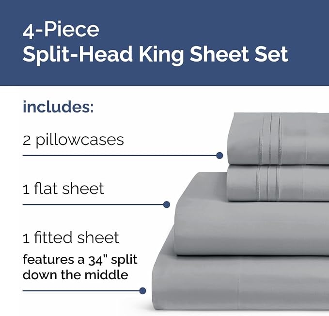 Flex Top Split Head King 4 Piece Sheet Set - Soft & Breathable - Steel Blue | Cooling Bed Sheets Set, Hotel Luxury Bedding for Women & Men with Deep Pockets, Wrinkle Free & Fade Resistant, Oeko-Tex
