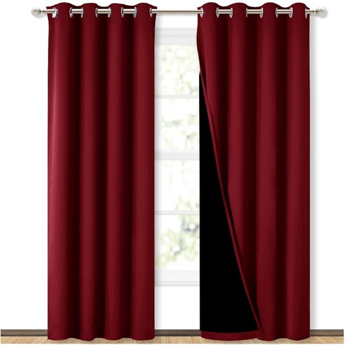 NICETOWN Burgundy Red Blackout Curtains for Living Room 52" x 84" 2 Panels | 100% Blackout Cold Blocking with Black Liner Backing, Thermal Insulated Noise Reducing Drapes Room Darkening Window Treatment