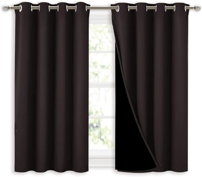 NICETOWN 100% Blackout Curtains 45 inches Length, 2 Thick Layers Completely Blackout Window Treatment Thermal Insulated Lined Drapes for Basement Window (Brown, 1 Pair, 52 inches Width Each Panel)