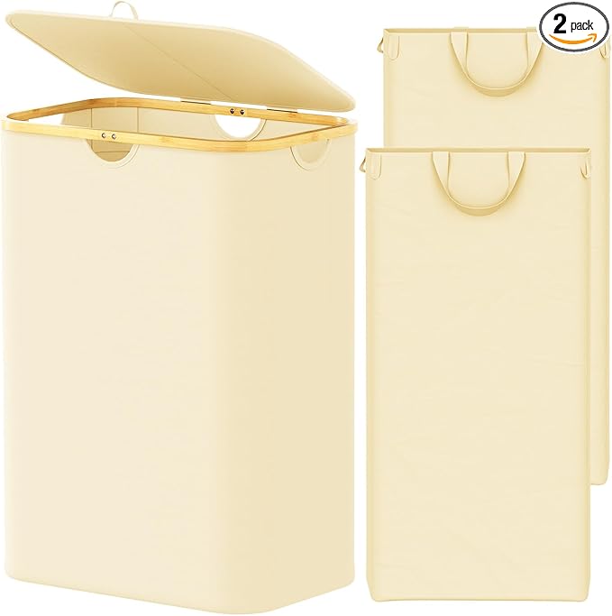 SpaceAid Double Laundry Hamper 2 Section with Lid and Removable Laundry Bags, 160L Clothes Basket with Bamboo Handles, Large Collapsible Hamper for Bedroom, Bathroom, Dorm, Laundry Room - Beige