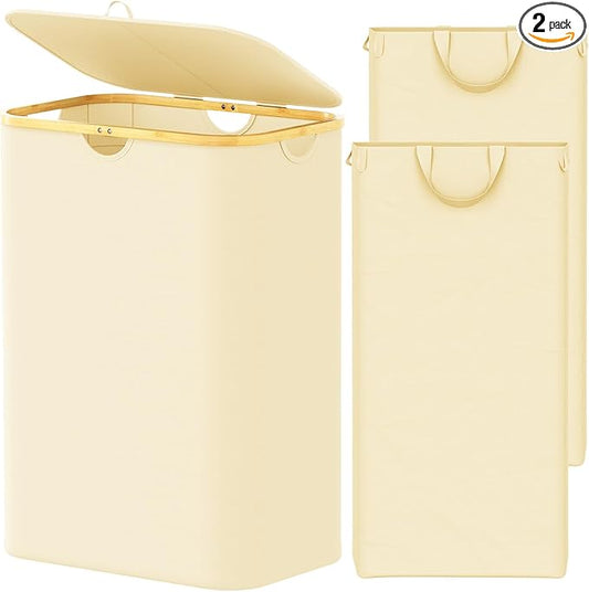 SpaceAid Double Laundry Hamper 2 Section with Lid and Removable Laundry Bags, 160L Clothes Basket with Bamboo Handles, Large Collapsible Hamper for Bedroom, Bathroom, Dorm, Laundry Room - Beige