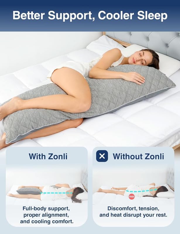 ZonLi Cooling Body Pillow for Adults Side Sleeper & Pregnancy - Memory Foam Insert Long Body Pillow 20 x 54 Inch with Washable Pillowcase, Gift for Men Women Grey