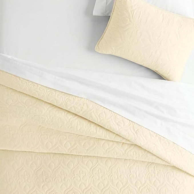 Merit Linens Classic Quilt Coverlet Soft Set in Damask Stitching - Twin/TwinXL Yellow