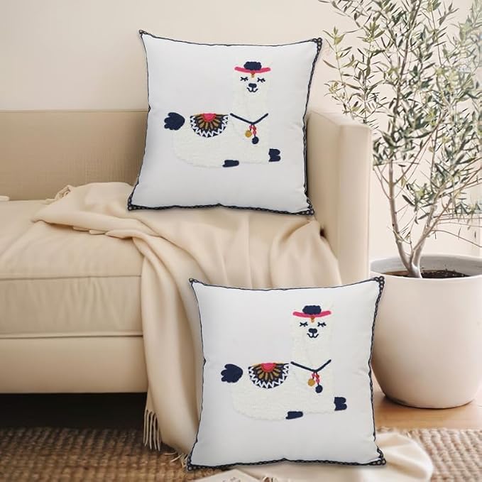 Pack of 2 Embroidered Decorative Throw Pillow Cover 18x18 Inch Farmhouse Floral Pillowcase for Living Room Sofa Bed (Cute Llama)