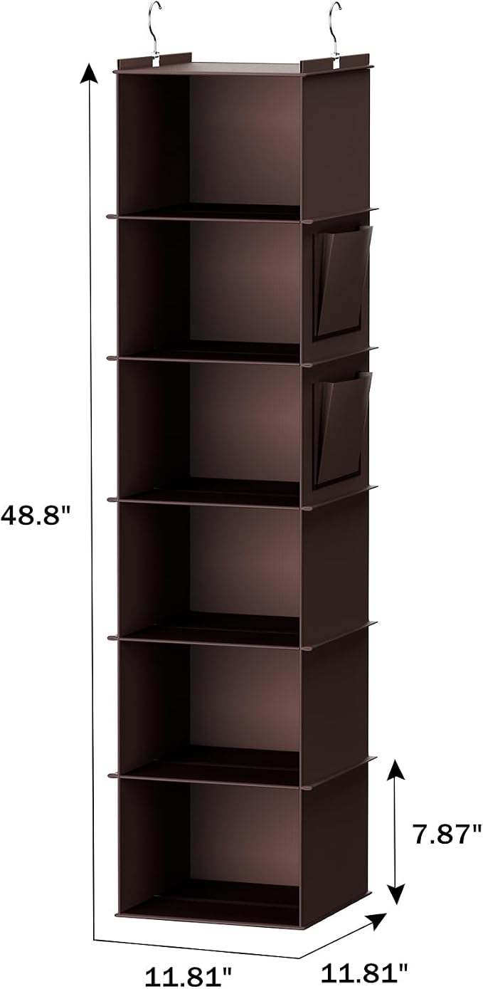 YOUDENOVA Hanging Closet Organizer and Storage, 6-Shelf, Brown | Breathable Fabric, Clothes Organizer with 2 Side Pockets, Hanging Shelves for Closet Storage, Dorm Room Essentials for Guys