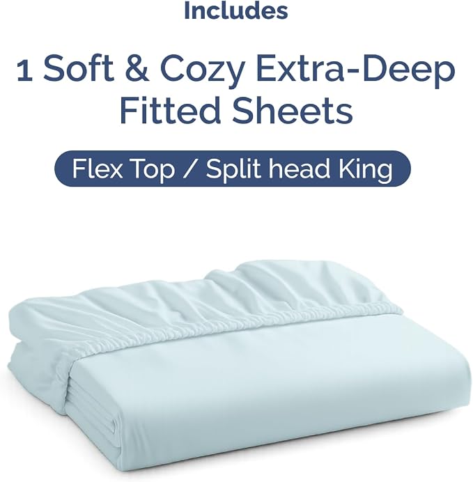 Extra Deep Flex Top Split Head King Fitted Sheet Only - Ice Blue | Easily Fits 18 inch to 24 inch Mattress, Soft, Wrinkle Free, Breathable & Comfy, Extra Deep Pockets Hotel Luxury Fitted Sheet