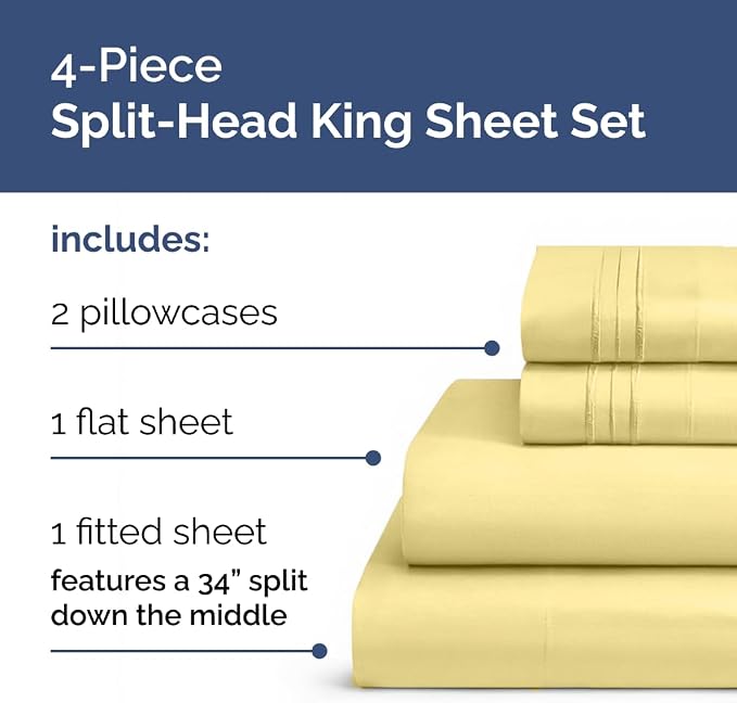Flex Top Split Head King 4 Piece Sheet Set - Ultra-Soft & Cooling - Yellow | Cooling Bed Sheets Set, Hotel Luxury Bedding for Women & Men with Deep Pockets, Wrinkle Free & Fade Resistant, Oeko-Tex