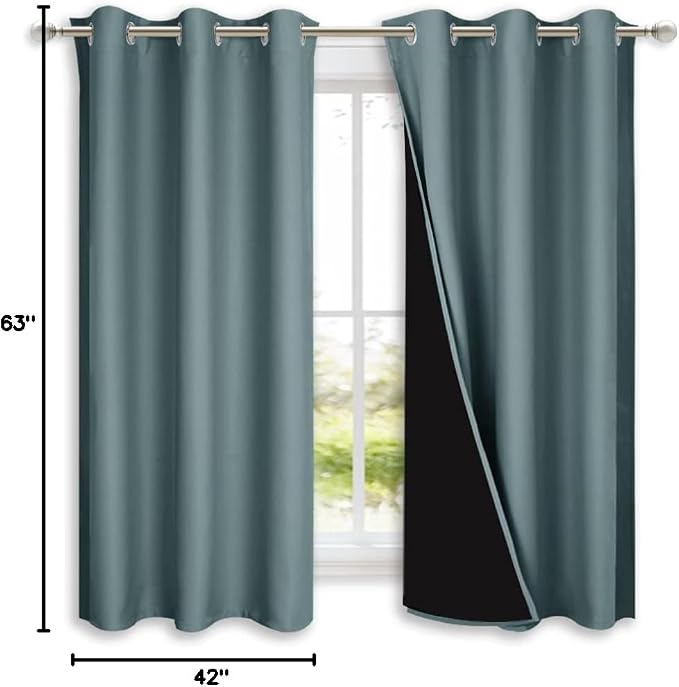 NICETOWN Greyish Blue 100% Blackout Lined Curtains, 2 Thick Layers Completely Blackout Window Treatment Panels Thermal Insulated Drapes for Kitchen (1 Pair, 42" Width x 63" Length Each Panel)