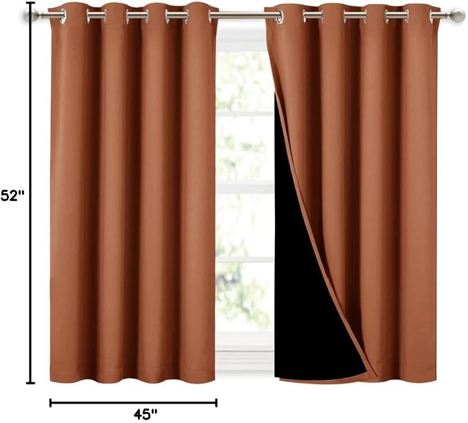 NICETOWN Burnt Orange 100% Blackout Curtains 45 inches Long, 2 Thick Layers Completely Blackout Window Treatment Thermal Insulated Lined Drapes for Small Window (1 Pair, 52 inches Width Each Panel)