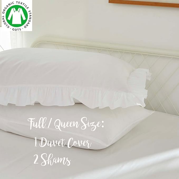 Brandream Kid's Duvet Cover Full/Queen Size 100% Organic Cotton 3pcs Boys Girl Bedding Duvet Cover Shams Set, Delicate Ruffle Fringe Solid Color Soft and Breathable (White)