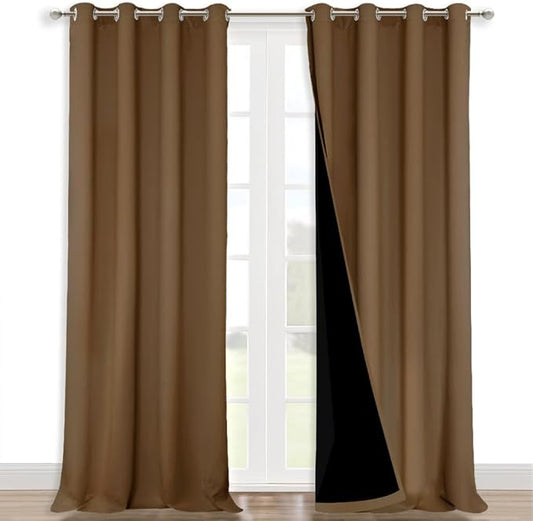 NICETOWN Full Shading Curtains 90" Long 2 Panels Set for Windows, Gold Brown, Pack of 2, 52" W, Super Heavy-Duty Black Lined Blackout Curtains for Bedroom, Privacy Assured Window Treatment