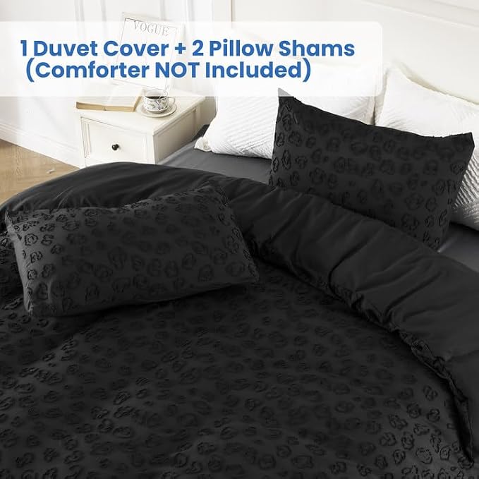 ROSE&RISY Black Leopard Jacquard Textured Queen Duvet Cover Set, 3 Pieces Soft Tufted Bedding Queen Set All Seasons, Breathable and Cozy, Includes 1 Duvet Cover, 2 Pillowcases (Black, King Size)