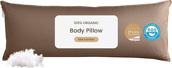 Goose Down Body Pillows for Adults, Large Body Pillow for Side Sleeper, Hugging Feather Body Pillow Insert, Cooling Full Length Long Pillow for Bed with 100% Organic Cotton Shell, 20"x72"