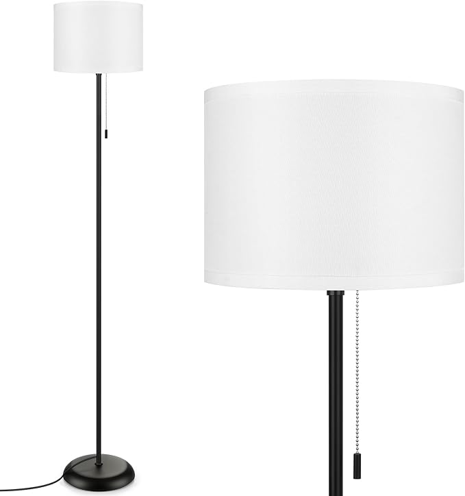 FOLKSMATE Floor Lamp for Living Room, Modern LED Simple Standing Lamps, Minimalist Tall Lamp for Bedroom, Living Room, Office, Kids Room, Reading Light, Black Pole Lamp with White Shade, Without Bulb