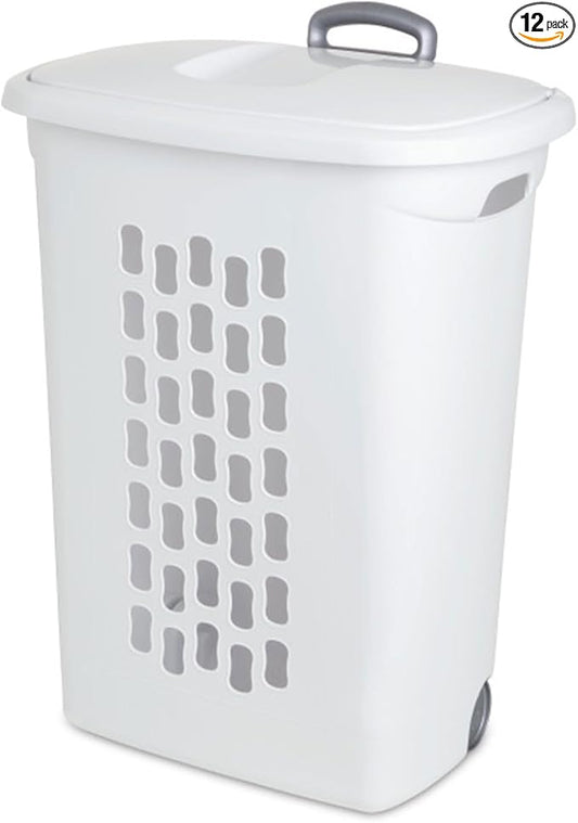 Sterilite 9-Pack Ultra Wheeled Hamper, Laundry Basket w/Flip-Top Lid & Retractable Handle - Plastic Rolling Clothes Storage Cart with Ventilated Holes for Home, Apartment or Dorm